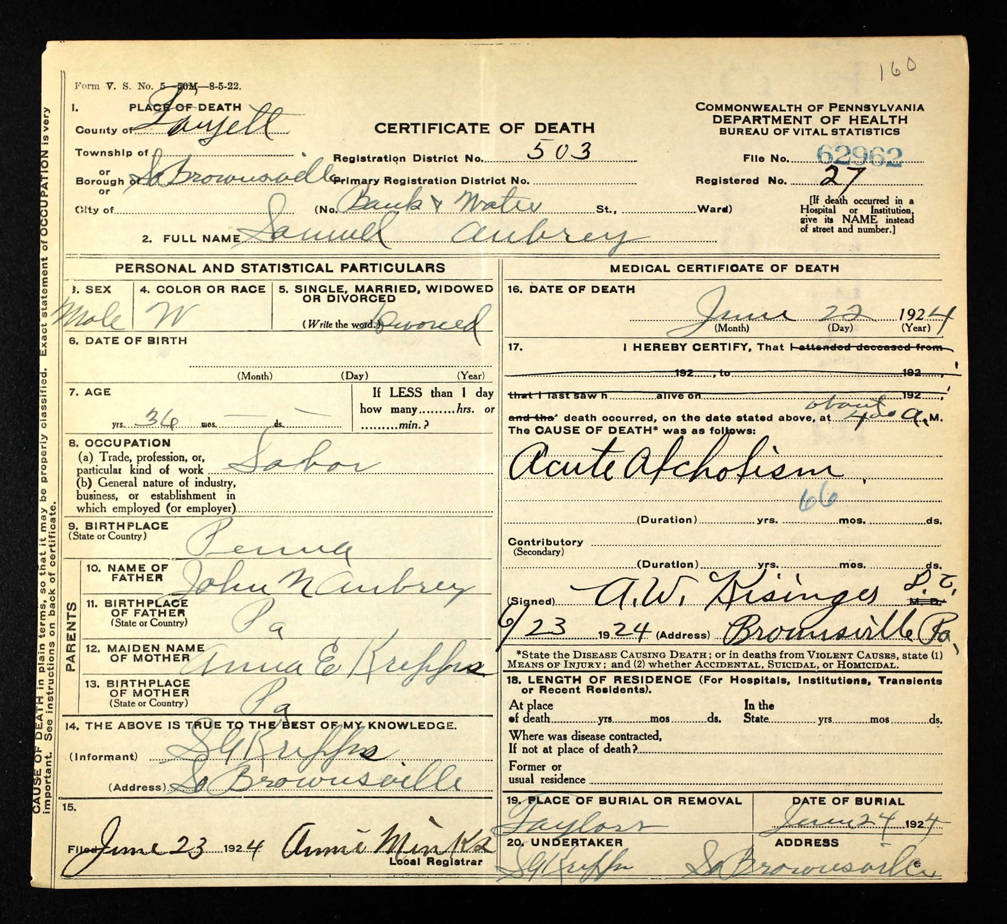 Samuel Aubrey death certificate